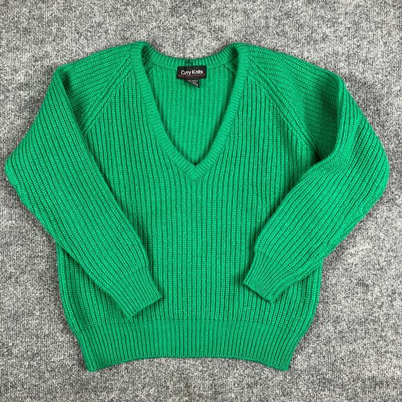 Curry Knits Sweater Women's Small Green Wool Blend V-Neck Ribbed Knit Hong Kong - Picture 1 of 6